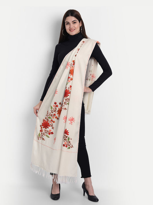 Women Kashmiri Aari Embroidery Woollen Stole | White - Zamour