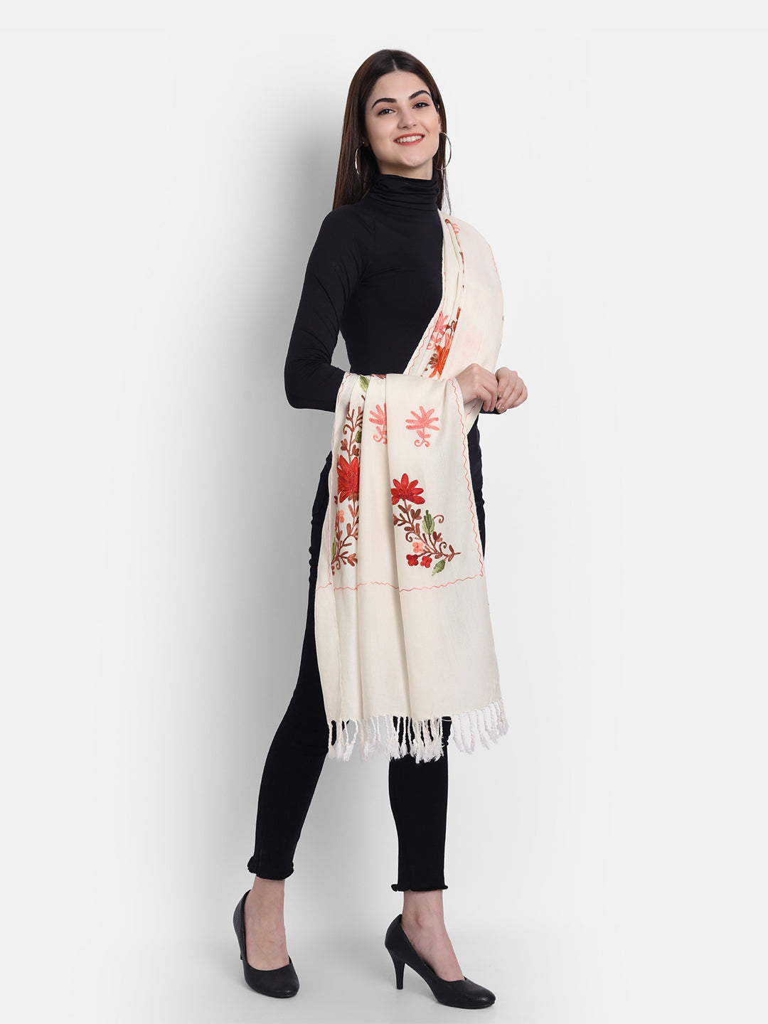 Women Kashmiri Aari Embroidery Woollen Stole | White - Zamour