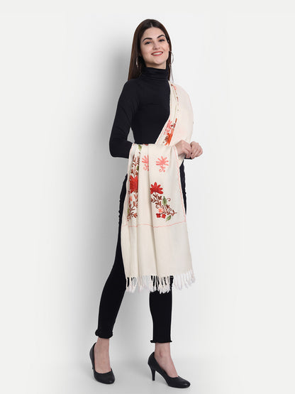 Women Kashmiri Aari Embroidery Woollen Stole | White - Zamour