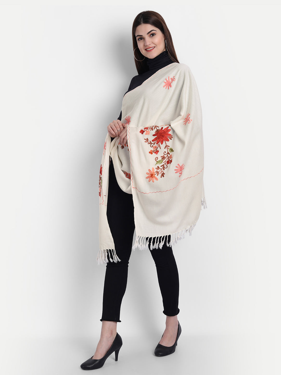 Women Kashmiri Aari Embroidery Woollen Stole | White - Zamour