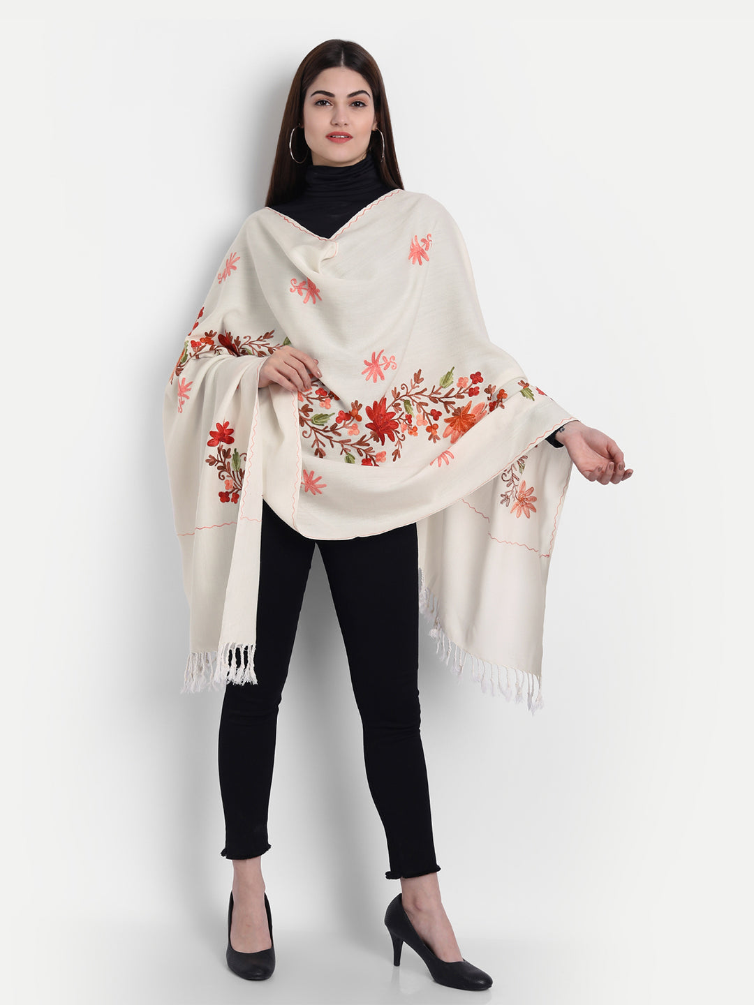 Women Kashmiri Aari Embroidery Woollen Stole | White - Zamour
