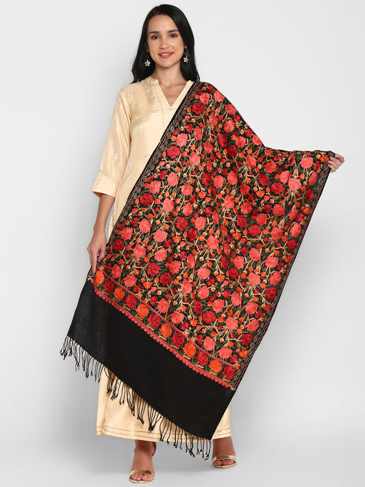 Kashmiri Aari Embroidery Woollen Stole | Black - Zamour