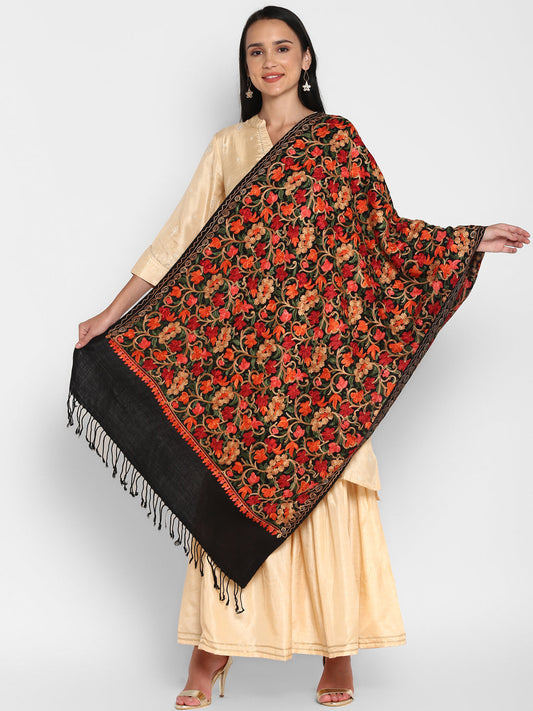 Kashmiri Aari Embroidery Woollen Stole | Black - Zamour