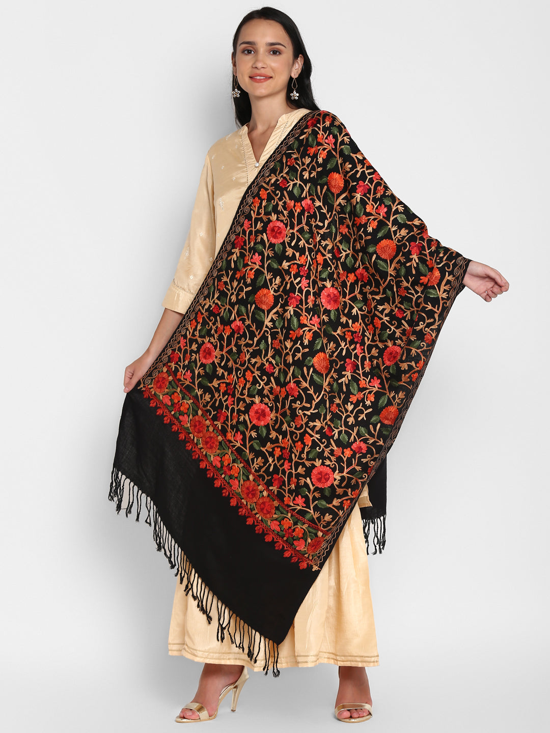 Kashmiri Aari Embroidery Woollen Stole | Black - Zamour