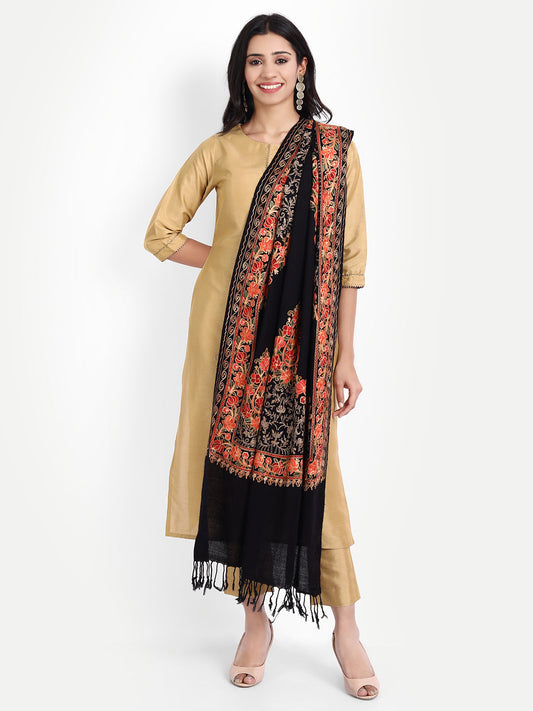 Kashmiri Aari Embroidery Woollen Stole | Black - Zamour