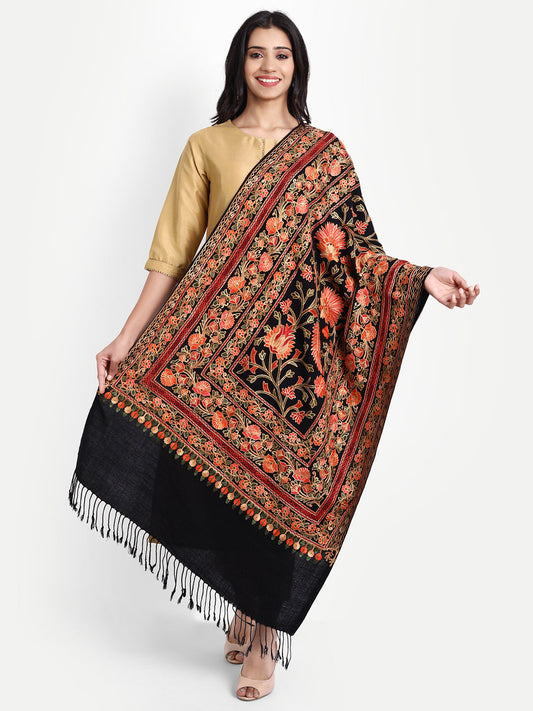 Kashmiri Aari Embroidery Woollen Stole | Black - Zamour