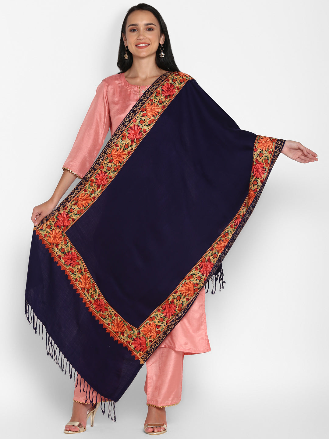Kashmiri Aari Embroidery Woollen Stole | Blue - Zamour