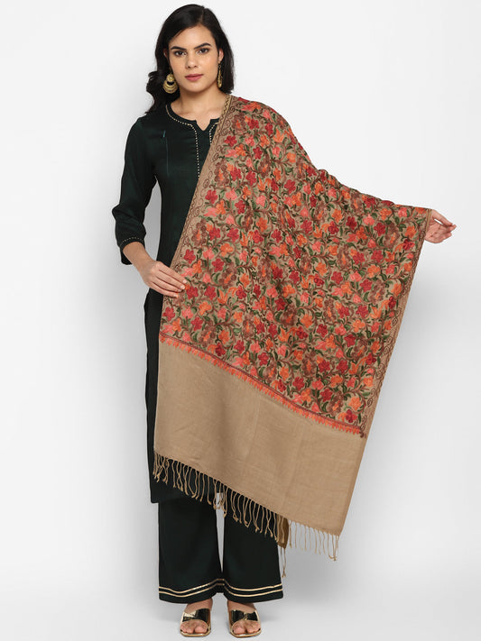 Kashmiri Aari Embroidery Woollen Stole | Brown - Zamour