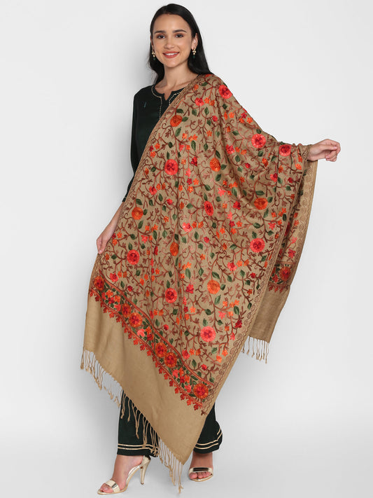 Kashmiri Aari Embroidery Woollen Stole | Brown - Zamour