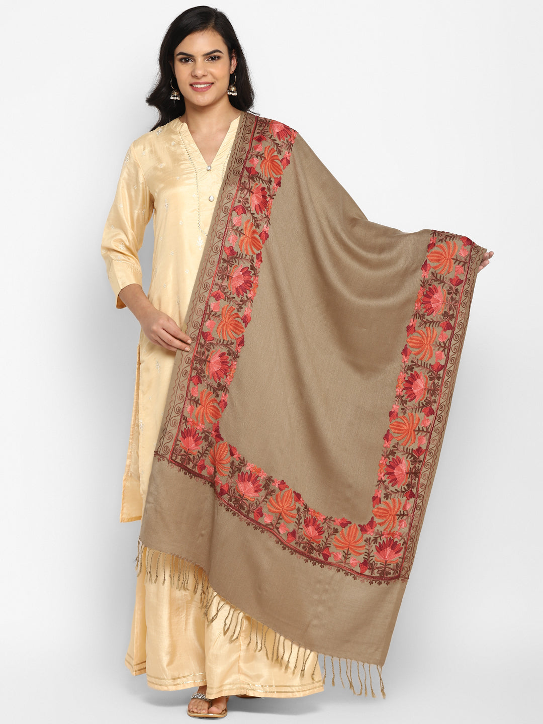 Kashmiri Aari Embroidery Woollen Stole | Brown - Zamour