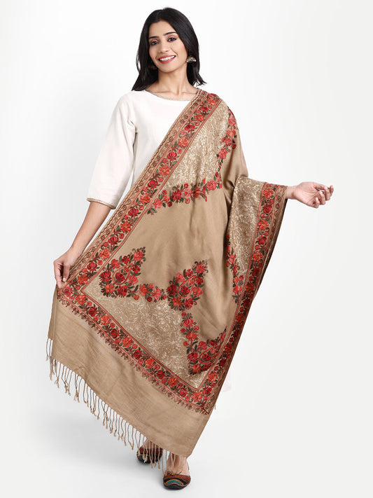 Kashmiri Aari Embroidery Woollen Stole | Brown - Zamour