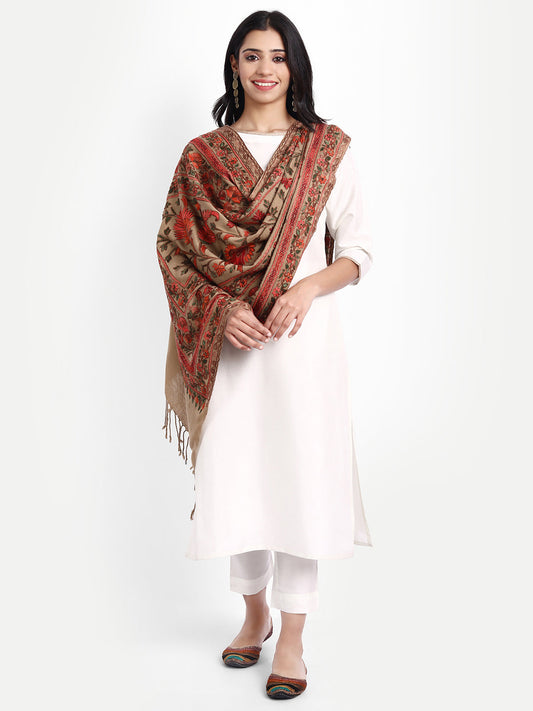 Kashmiri Aari Embroidery Woollen Stole | Brown - Zamour