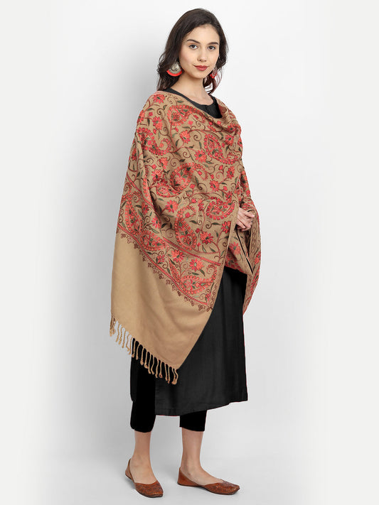Kashmiri Aari Embroidery Woollen Stole | Brown - Zamour