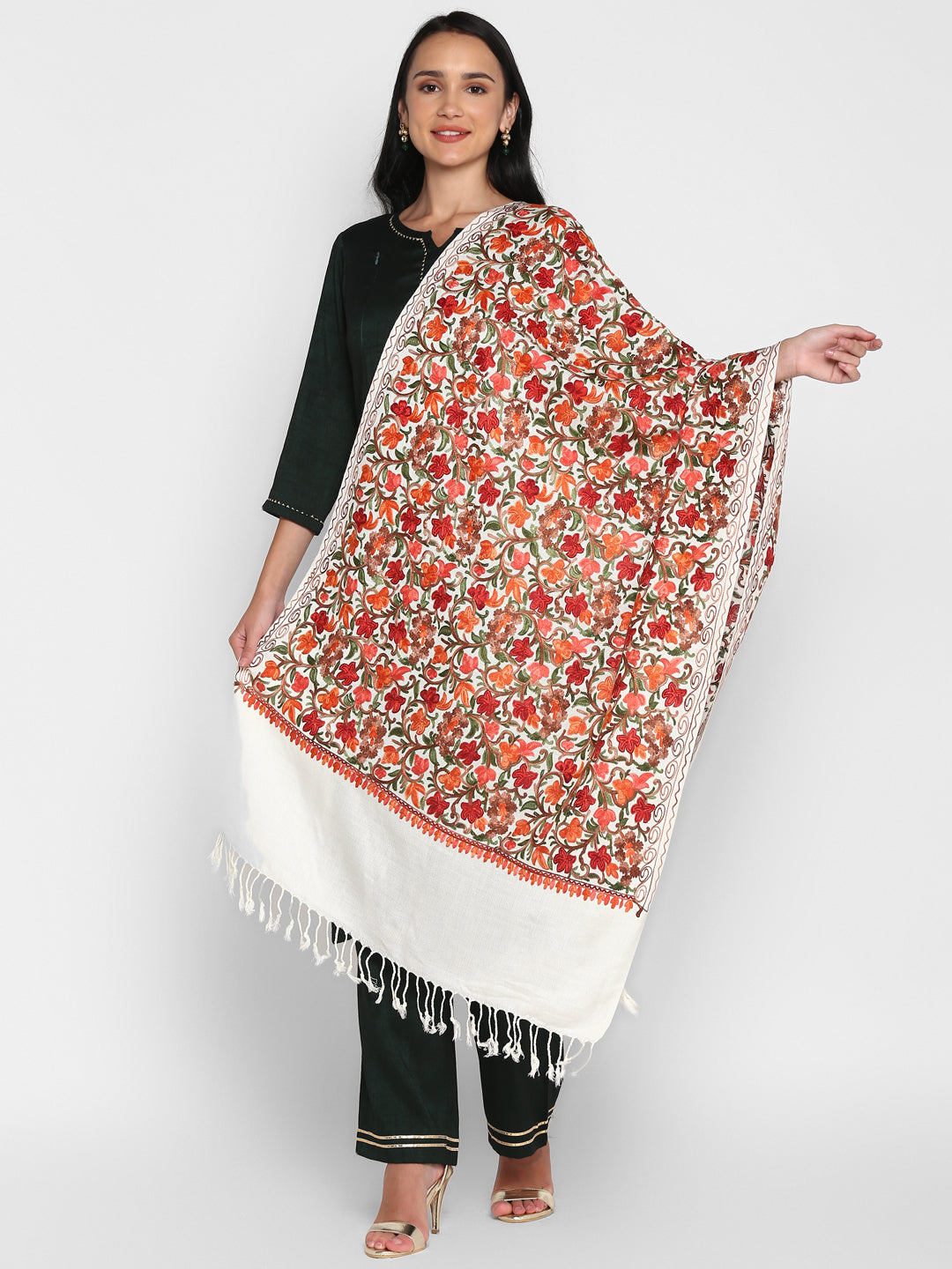 Kashmiri Aari Embroidery Woollen Stole | Off White - Zamour