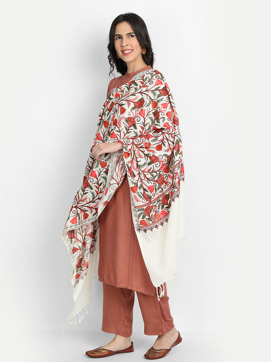 Kashmiri Aari Embroidery Woollen Stole | Off White - Zamour