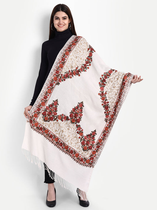 Kashmiri Aari Embroidery Woollen Stole | White - Zamour