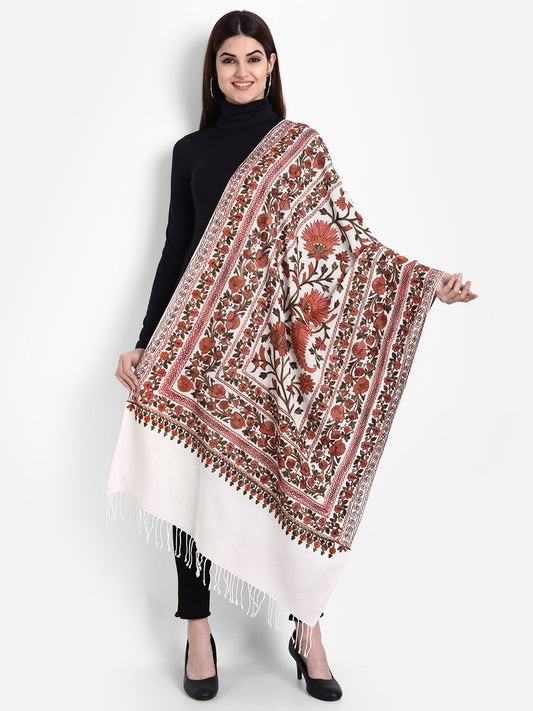 Kashmiri Aari Embroidery Woollen Stole | White - Zamour