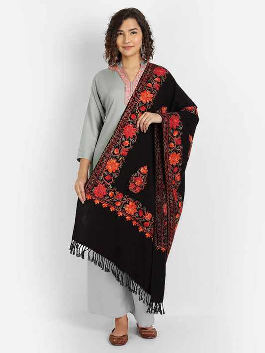 Kashmiri Aari Embroidered Woollen Stole | Black - Zamour