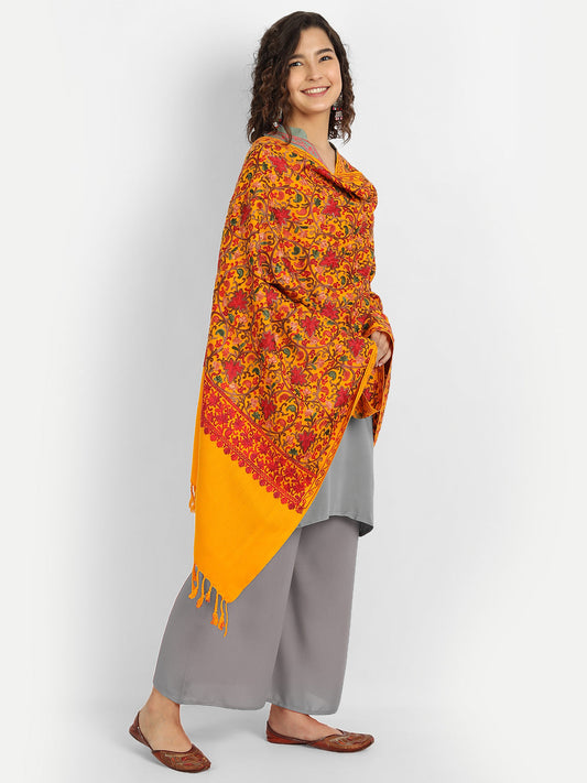 Kashmiri Aari Embroidered Woollen Stole | Yellow - Zamour